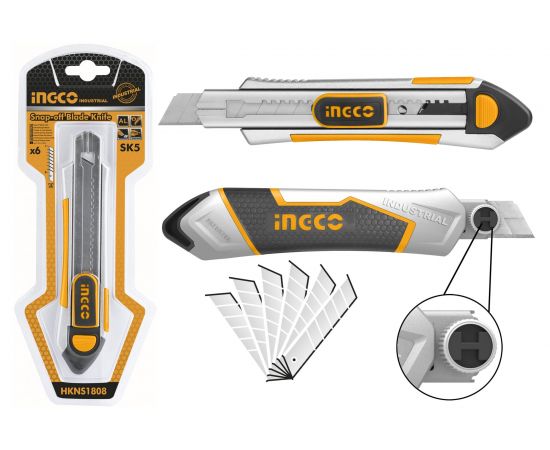 Канцелярский нож INGCO 190х100х18 мм В ком. 5 лезвий INDUSTRIAL HKNS1808 