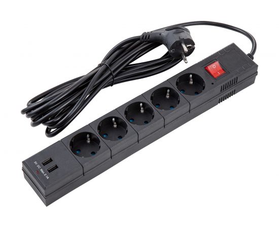 Сетевой фильтр duwi 5 гнезд, с заземлением, ПВС 3*0,75, черный, 5м, с детскими защитными шторками, 2USB 32589 5 