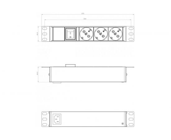 Блок розеток Hyperline SHE10-3SH-S-IEC для 10"" шкафов, горизонтальный, 3 розетки Schuko, 10А 255010 – изображение 2