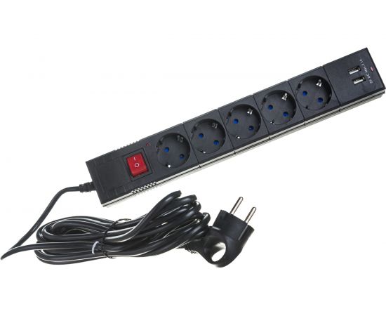 Сетевой фильтр duwi 5 гнезд, с заземлением, ПВС 3*0,75, черный, 5м, с детскими защитными шторками, 2USB 32589 5 – изображение 3