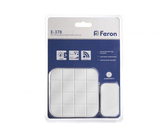 Дверной беспроводной звонок FERON E-378 звонок IP44 10 мелодий, 3х1,5V/АА, база, белый 41434 – изображение 2