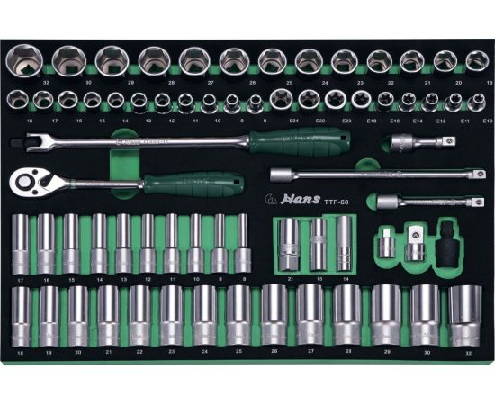 Ложемент торцевых головок и аксессуаров на 1/2" Hans 68 предметов TTF-68 