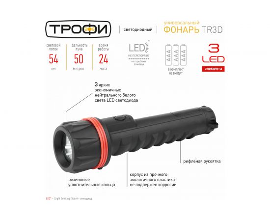 Светодиодный ручной фонарь Трофи TR3D 3xLED, 3D, ударопрочный корпус, на батарейках Б0019830 – изображение 2