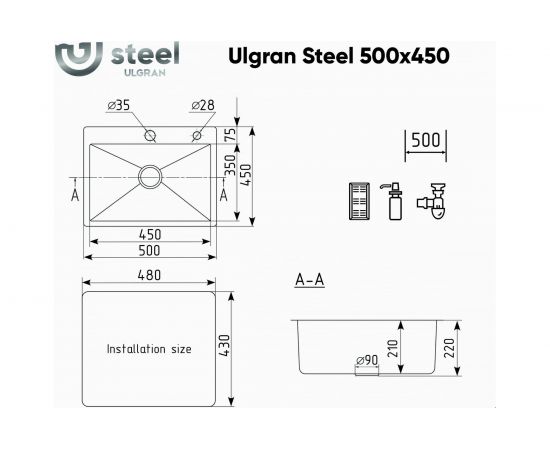 Кухонная мойка из нержавеющей стали ULGRAN US500*450 Steel – изображение 6