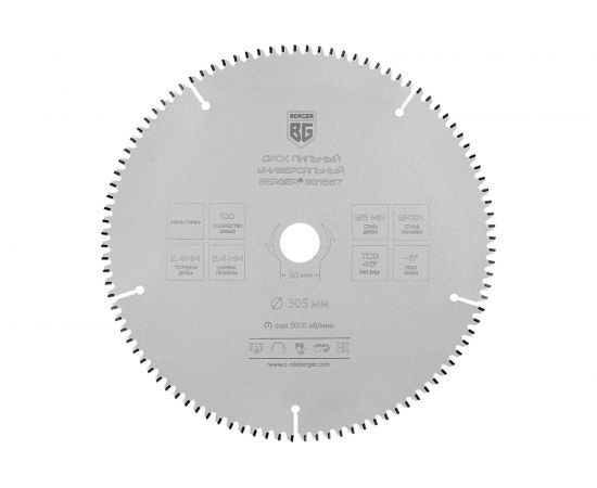 Диск пильный универсальный мультирез 305x30x25.4x20x16 мм, 100z, 3.4x2.4 мм, TCG 45, атака -5 Berger BG BG1667 