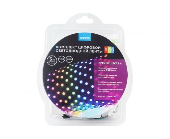 Комплект цифровой светодиодной ленты Apeyron 12В, 14,4Вт/м, smd5050, 60д/м, IP20, подложка 10мм/белая, 5м, rgb 82ЦЛ – изображение 12