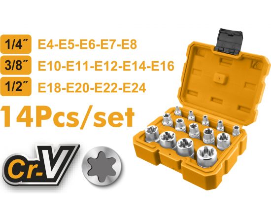 Набор торцевых головок INDUSTRIAL (14 шт; E-профиль) INGCO HKTETS0114 – изображение 2