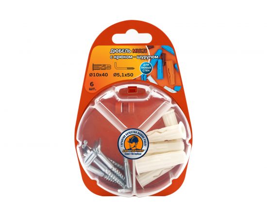 Дюбель ЕВРОПАРТНЕР MULTI 10 + крюк-шуруп, L-образный, d5,1 х L50, прямой шлиц, ZN, 6 шт. RB2 0168 – изображение 2