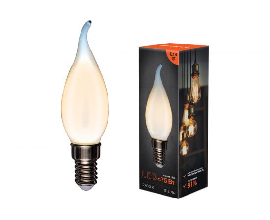 Филаментная лампа REXANT Свеча на ветру CN37 9.5 Вт 2700K E14 матовая колба 604-113 