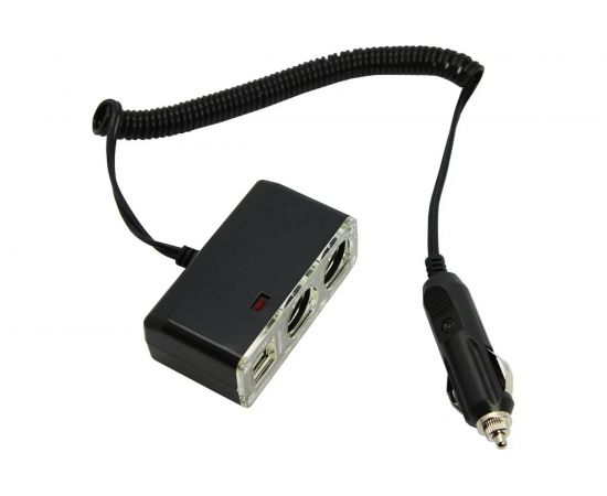 Разветвитель автоприкуривателя 2гн 2хUSB 5V 1 000mA шнур спираль 1.5М REXANT 16-0225 