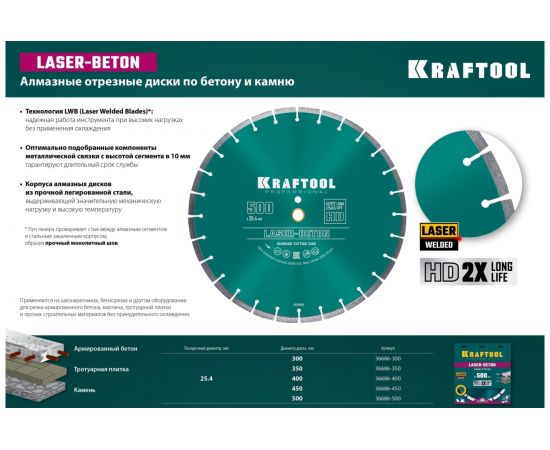 Диск алмазный отрезной KRAFTOOL Laser-beton по бетону и камню, 400 мм 36686-400 – изображение 5