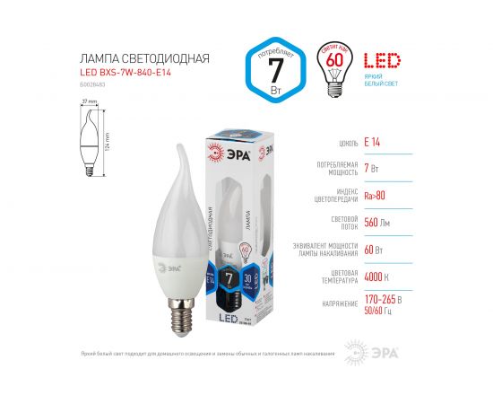 Светодиодная лампа ЭРА LED BXS-7W-840-E14 диод, свеча на ветру, нейтр Б0028483 – изображение 6