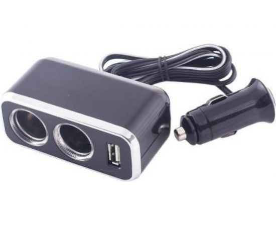 Разветвитель прикуривателя SKYWAY 2 гнезда + USB черный, предохранитель 10 А, USB 1 A S02301016 