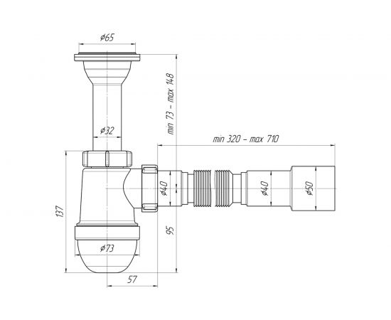 Сифон для умывальника/мойки АНИ Пласт бутылочный, литой выпуск, 1 1/4 дюйма x 40 мм, гофрированный, 40х40/50 мм, нержавеющая сетка C2015 025-0138 – изображение 2