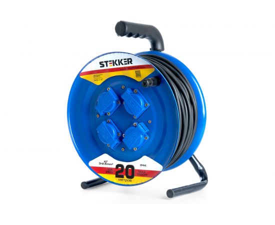 Удлинитель на металлической катушке STEKKER с заземлением 4-местный, PRF02-41-20, 20м, 3х2,5, синий 39784 – изображение 2