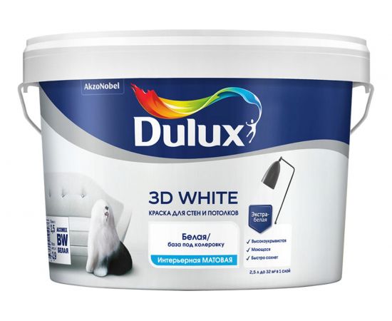 Краска для стен и потолков Dulux 3D WHITE ослепительно белая, матовая, база BW, 2.5 л 5701640 – изображение 2