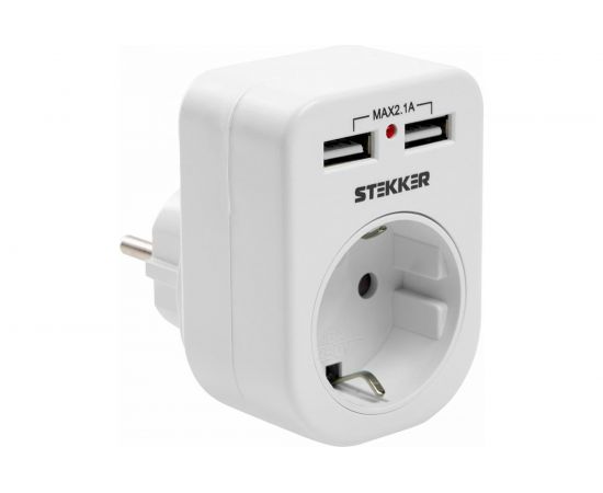 Сетевой переходник STEKKER с заземлением c 2 USB 2,1А, ADP16-24-20, 250В, 16A, IP20, белый 39626 