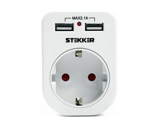 Сетевой переходник STEKKER с заземлением c 2 USB 2,1А, ADP16-24-20, 250В, 16A, IP20, белый 39626 – изображение 2