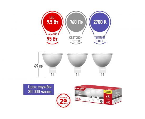 Светодиодная лампа REXANT 3 шт Рефлекторная 9.5 Вт GU5.3 2700 K 604-051-3 – изображение 2