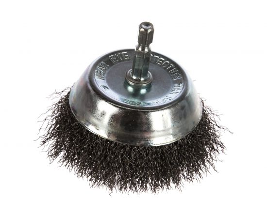 Щётка чашеобразная, гофрированная стальная проволока №085 (75 мм; хвостовик шестигранный) для дрели Атака 22389 
