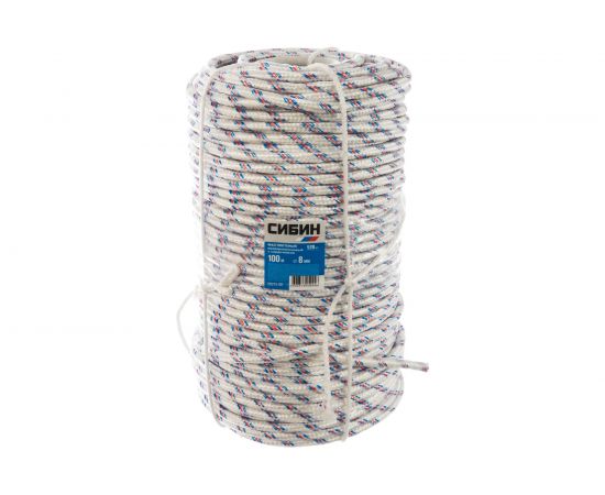 Плетёный полипропиленовый 16-прядный фал с полипропиленовым сердечником, диаметр 8мм, бухта 100м, 520кгс СИБИН 50215-08 