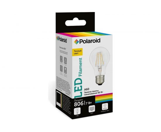Светодиодная лампа Polaroid 220V FIL A60 7W 3000K E27 806lm PL-A60F7273 