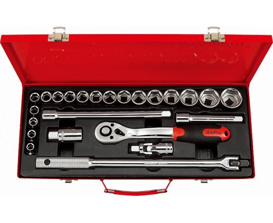 Набор головок и аксессуаров AmPro 1/2 дюймовых в металическом кейсе, 24 предмета T45512 