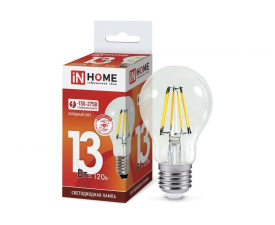 Светодиодная лампа IN HOME LED-A60-deco 13Вт 230В Е27 6500К 1170Лм прозрачная 4690612035628 