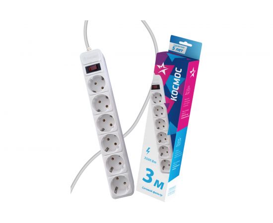 Сетевой фильтр КОСМОС 3м 6 гнезд, пвс 3x0,75мм2, белый FKsm3m-6g(W)16A 