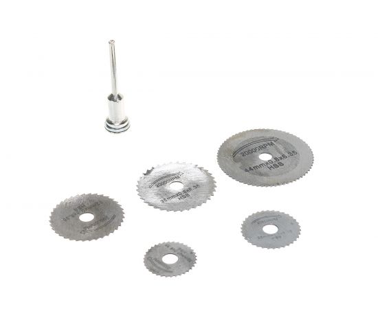 Набор отрезных дисков по пластику МИНИ (6 предметов; 22-44х0.8х6.35 мм; держ-ль 3 мм; HSS) SKRAB 34451 – изображение 2