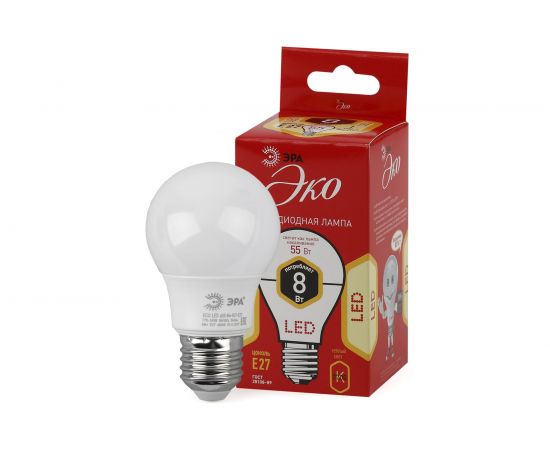 Светодиодная лампа ЭРА ECO LED A55-8W-827-E27, груша, теплый Б0032095 – изображение 6