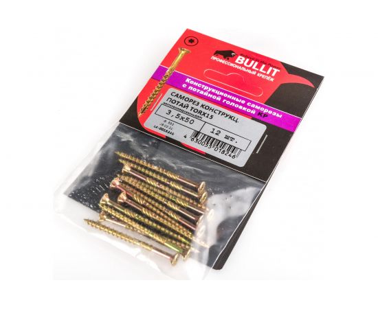 Конструкционный самозенкующий саморез BULLIT TORX15 3.5x50, желтый, потайной, 12 шт., подвес 14-0016240 