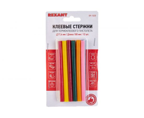 Клеевые стержни d=7,4 мм, L=100 мм, цветные, 12 шт. блистер Rexant 09-1020 