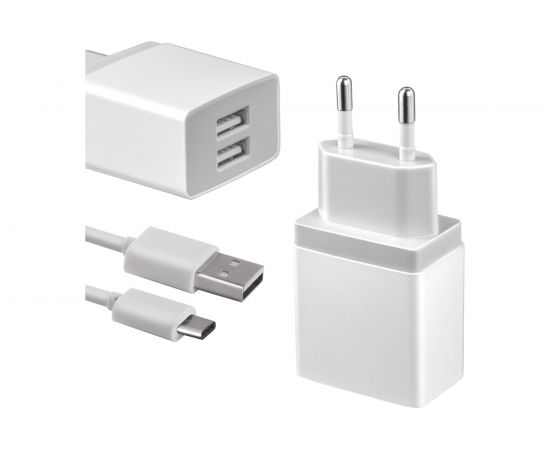 Универсальное сетевое зарядное устройство AKAI CH-6A09 2 USB 2.1A + дата-кабель Type C, белый CH-6A09W 