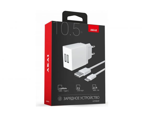 Универсальное сетевое зарядное устройство AKAI CH-6A09 2 USB 2.1A + дата-кабель Type C, белый CH-6A09W – изображение 2