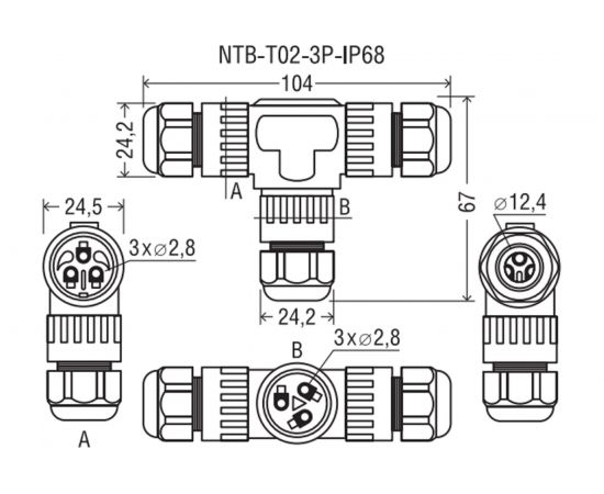 Коннектор Navigator 82 836 NTB-T02-3P-IP68 T-образный, 3PIN 82836 – изображение 4