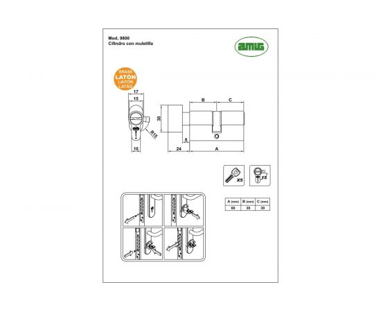 Цилиндровый механизм с вертушкой Amig полированная латунь, 30x30, ключ/вертушка 9800-60 – изображение 2