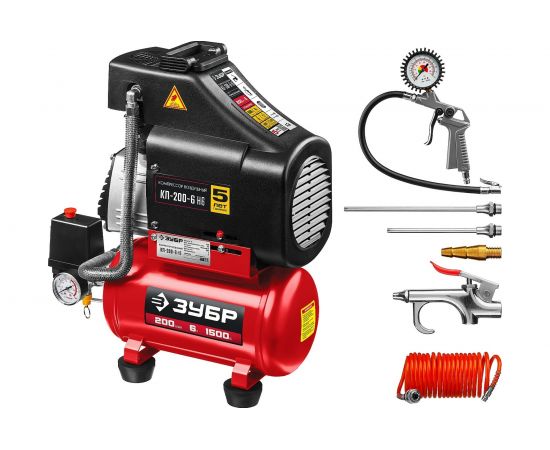 Безмасляный воздушный компрессор ЗУБР набор аксессуаров, 200 л/мин, 6 л ресивер, 1500 Вт КП-200-6 Н6 
