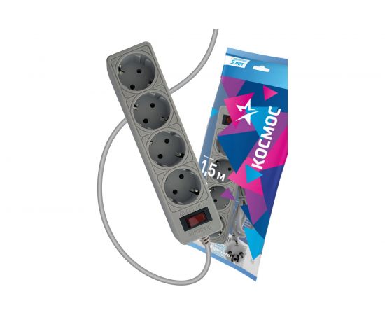 Сетевой фильтр КОСМОС 1,5м, 4 гнезда, пвс 3x0,75мм2, серый FKsm1.5m-4g(G) 