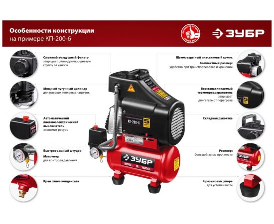 Безмасляный воздушный компрессор ЗУБР набор аксессуаров, 200 л/мин, 6 л ресивер, 1500 Вт КП-200-6 Н6 – изображение 4