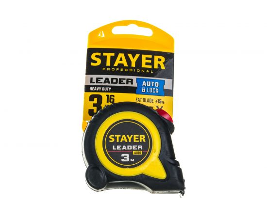 Рулетка Stayer LEADER 3м / 16мм с автостопом в ударостойком обрезиненном корпусе 3402-3_z02 