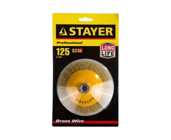 Щетка коническая PROFESSIONAL (125 мм; М14; витая стальная латунированная проволока 0.3 мм) для УШМ STAYER 35133-125 – изображение 2