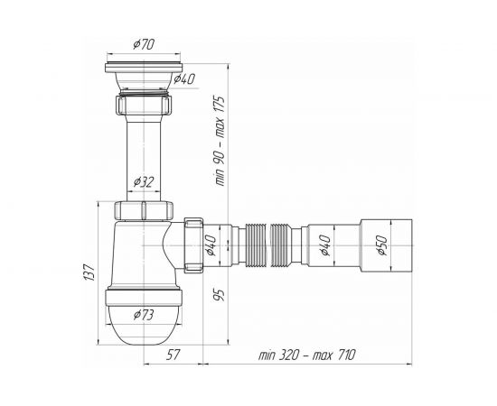 Сифон для умывальника/мойки АНИ Пласт бутылочный, 1 1/2 дюйма x 40 мм, гофрированный, 40х40/50 мм, нержавеющая сетка C0115 025-0135 – изображение 5