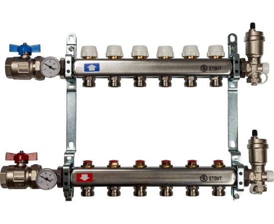 Коллектор из нержавеющей стали в сборе без расходомеров STOUT 6 выходов SMS 0912 000006 