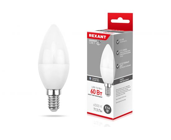 Светодиодная лампа REXANT Свеча CN 7,5 Вт E14 6500 K холодный свет 604-019 