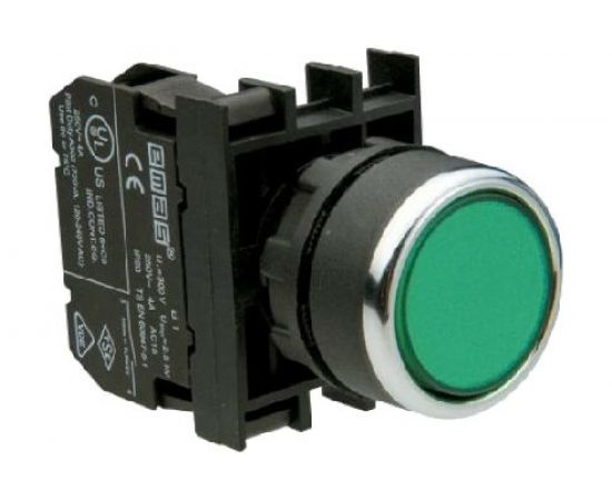 Нажимная кнопка Emas круглая зелёная, 2НО, серия B, 250В AC, 4А, 10шт. B101DY 