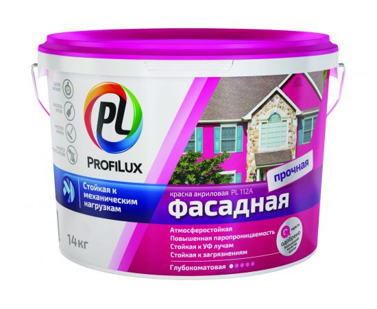 Фасадная влагостойкая краска Profilux ВД PL 112А белая 14 кг МП00 004919 