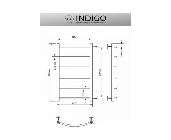 Полотенцесушитель INDIGO Arc 1"" - 1/2. 70/60, м/о 60 см, боковое подключение LASW70-60-б/п-60 – изображение 3