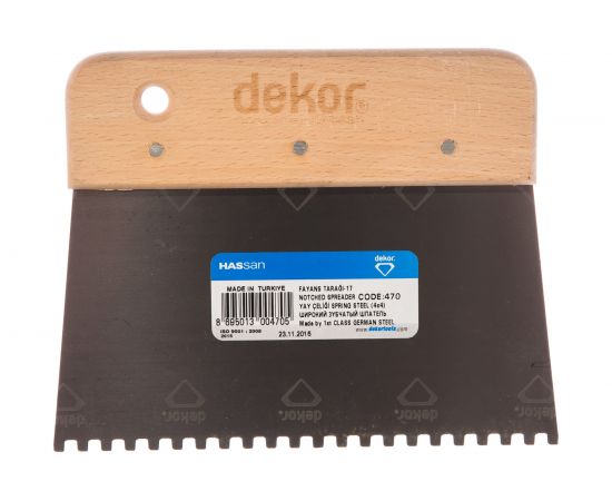 Широкий шпатель DEKOR 170х80 мм, зуб 4х4 мм деревянная ручка 470 