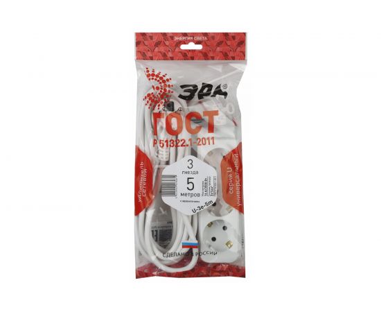 Удлинитель ЭРА U-3e-5m Россия c заземлением, 3х1мм2, 16А, ПВС, 3гн, 5м Б0028371 – изображение 2